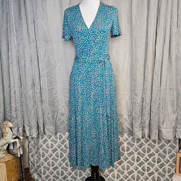 Boden Cassia Teal Speckle V-Neck Short Sleeve Jersey Knit Fit & Flare Wrap Dress - Picture 4 of 15